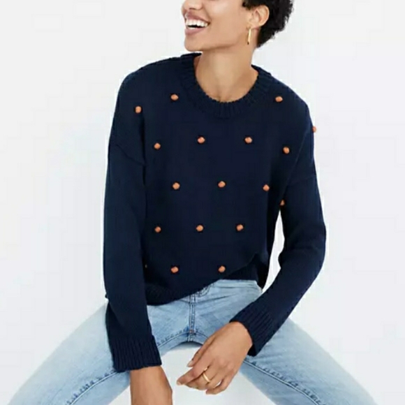 Madewell Sweaters - Madewell Wellesley navy/orange pom pom sweater